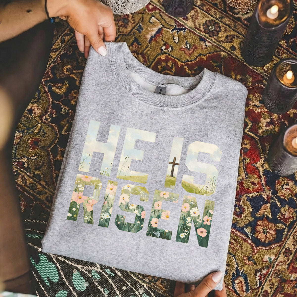 Landscape Floral Block Letters – He is Risen – Unisex Tshirt / Hoodie / Sweatshirt