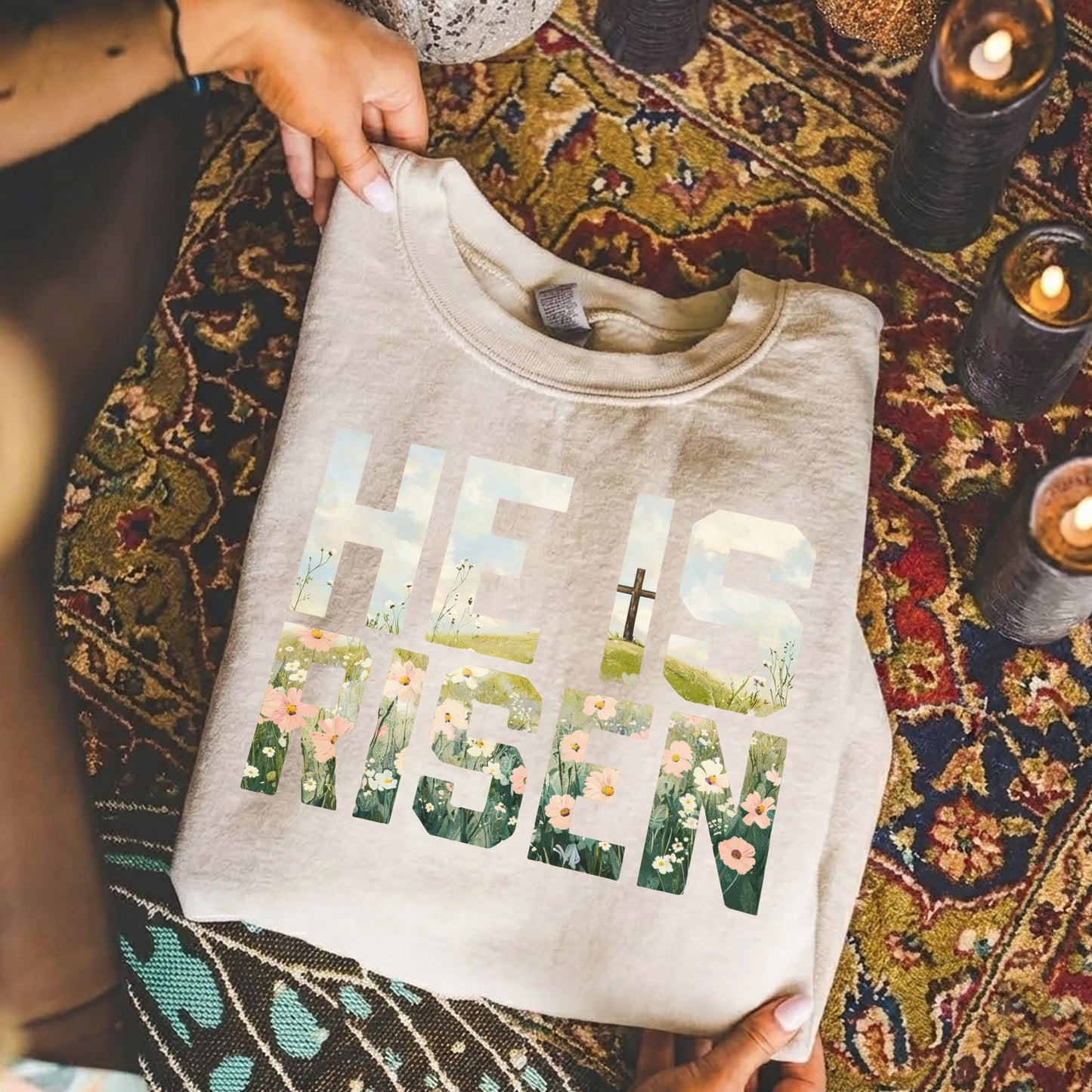 Landscape Floral Block Letters – He is Risen – Unisex Tshirt / Hoodie / Sweatshirt