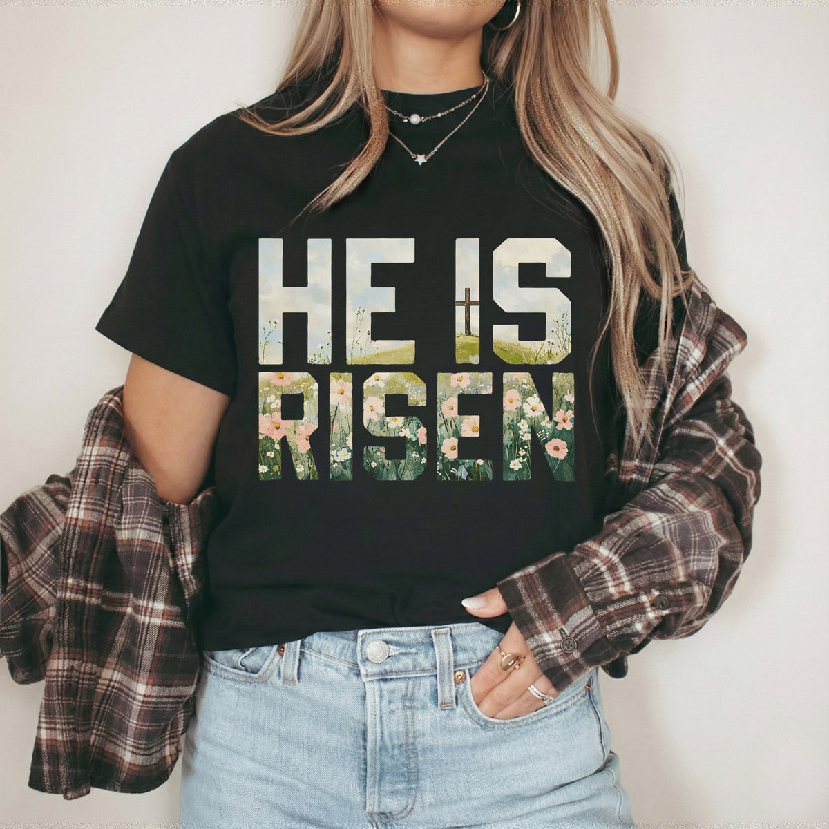Landscape Floral Block Letters – He is Risen – Unisex Tshirt / Hoodie / Sweatshirt
