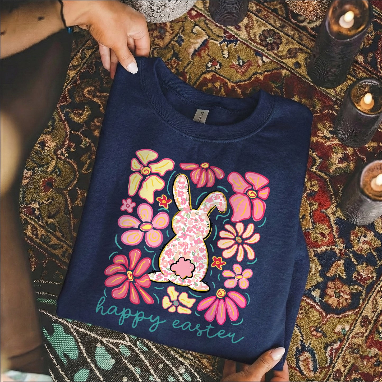 Happy Easter Bright Pink Floral Bunny – He is Risen – Unisex Tshirt / Hoodie / Sweatshirt