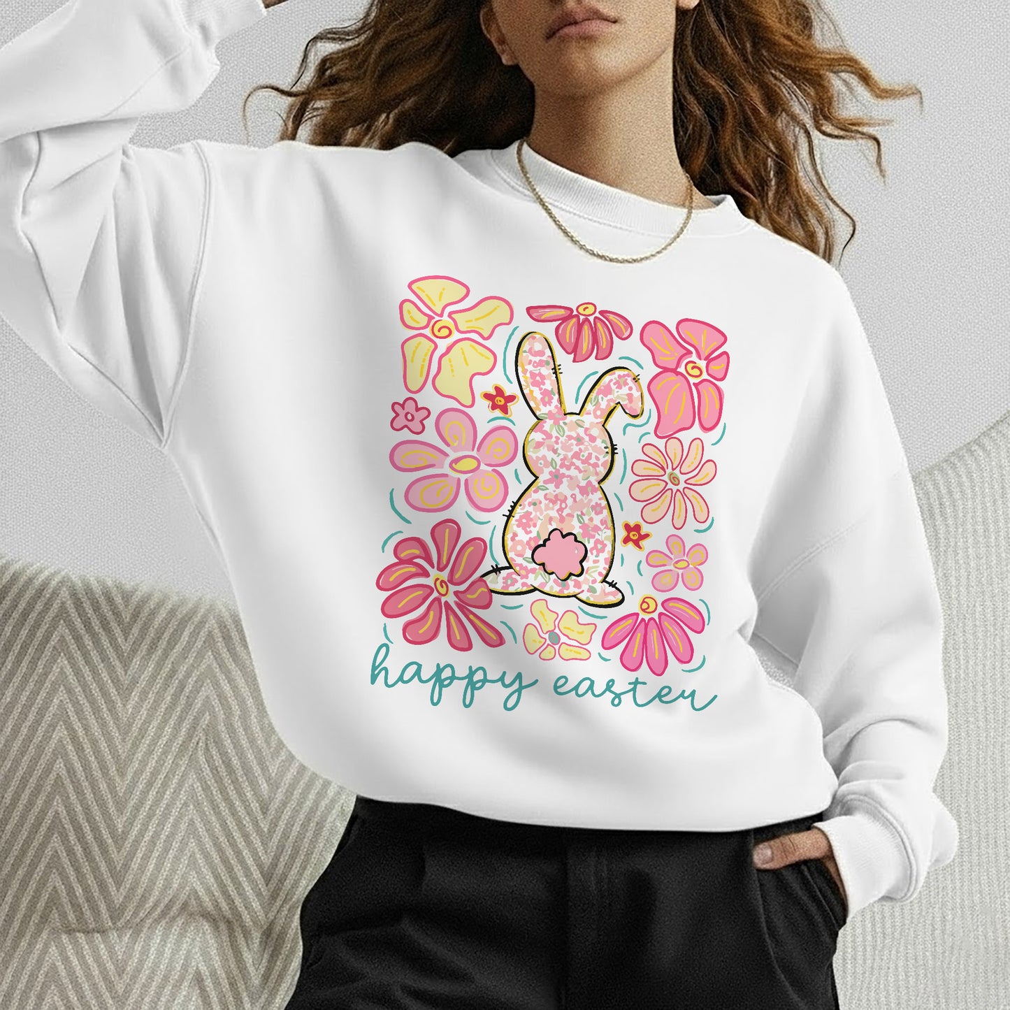 Happy Easter Bright Pink Floral Bunny – He is Risen – Unisex Tshirt / Hoodie / Sweatshirt