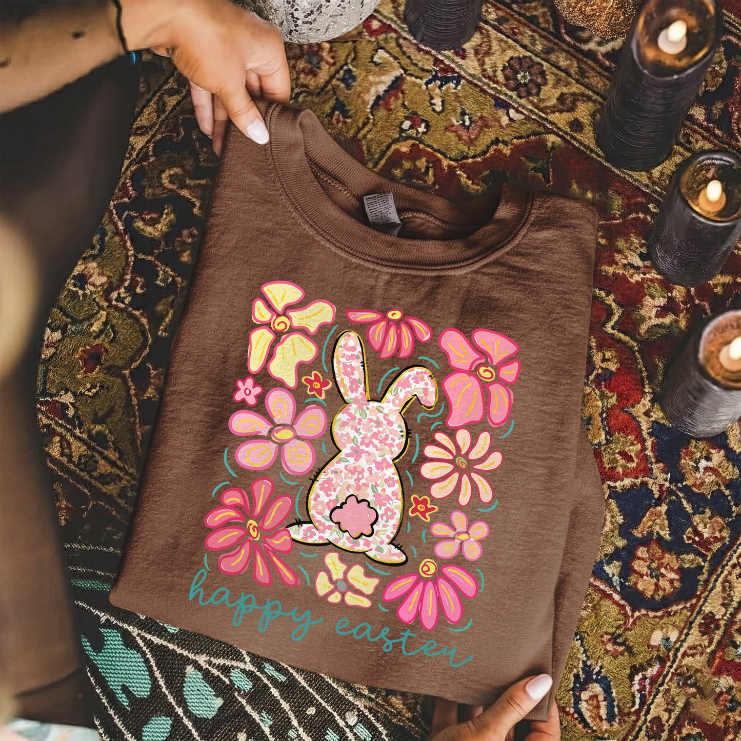 Happy Easter Bright Pink Floral Bunny – He is Risen – Unisex Tshirt / Hoodie / Sweatshirt