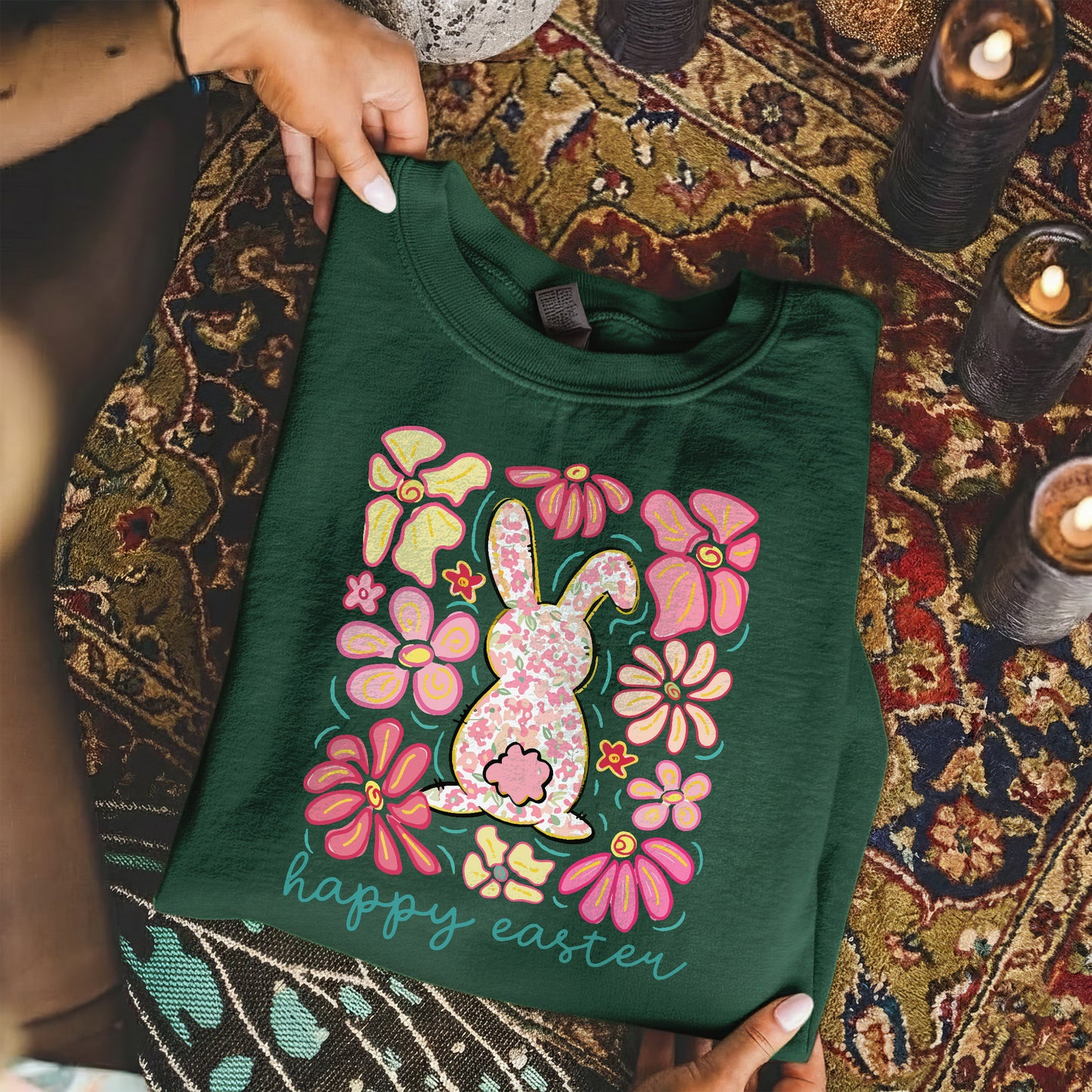 Happy Easter Bright Pink Floral Bunny – He is Risen – Unisex Tshirt / Hoodie / Sweatshirt