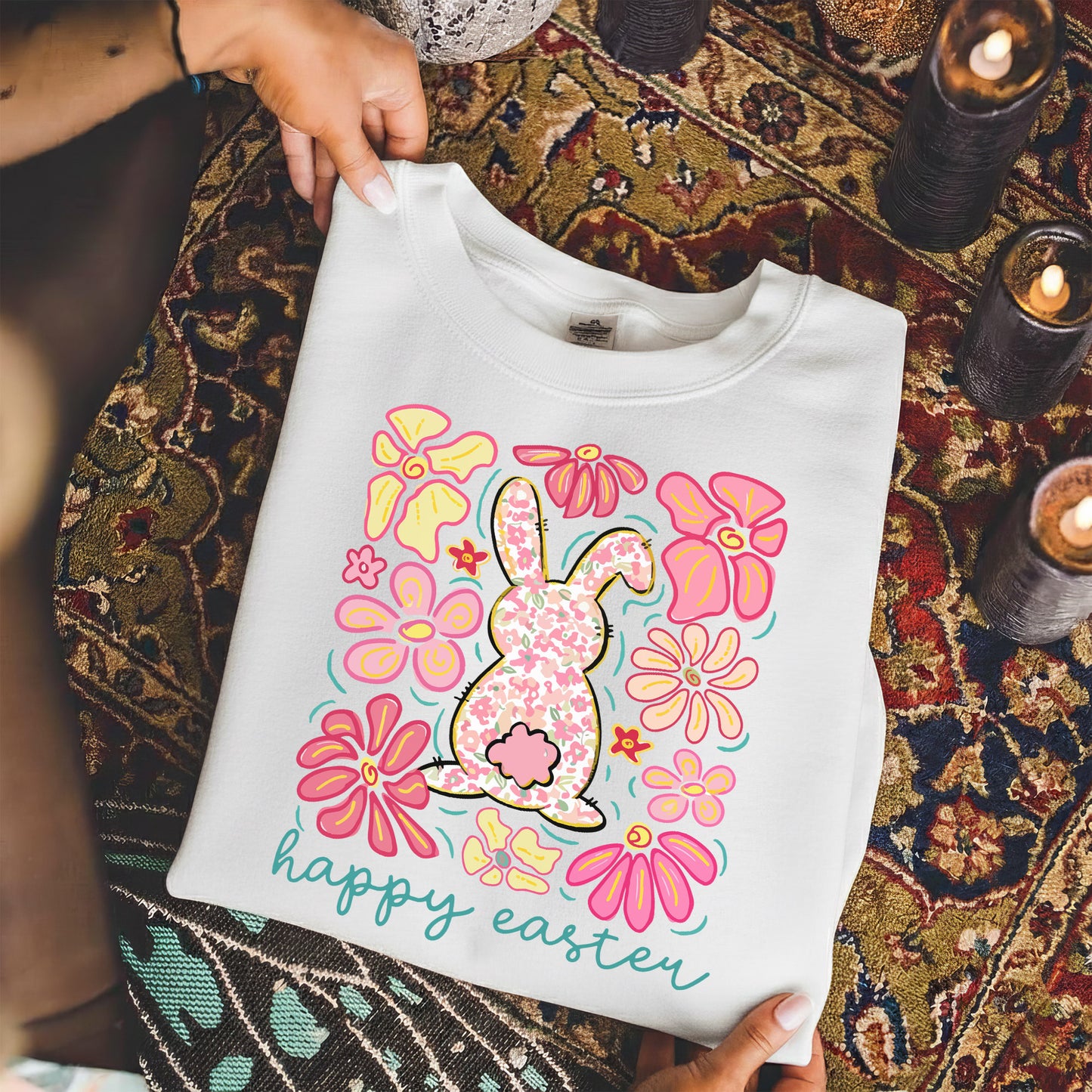 Happy Easter Bright Pink Floral Bunny – He is Risen – Unisex Tshirt / Hoodie / Sweatshirt