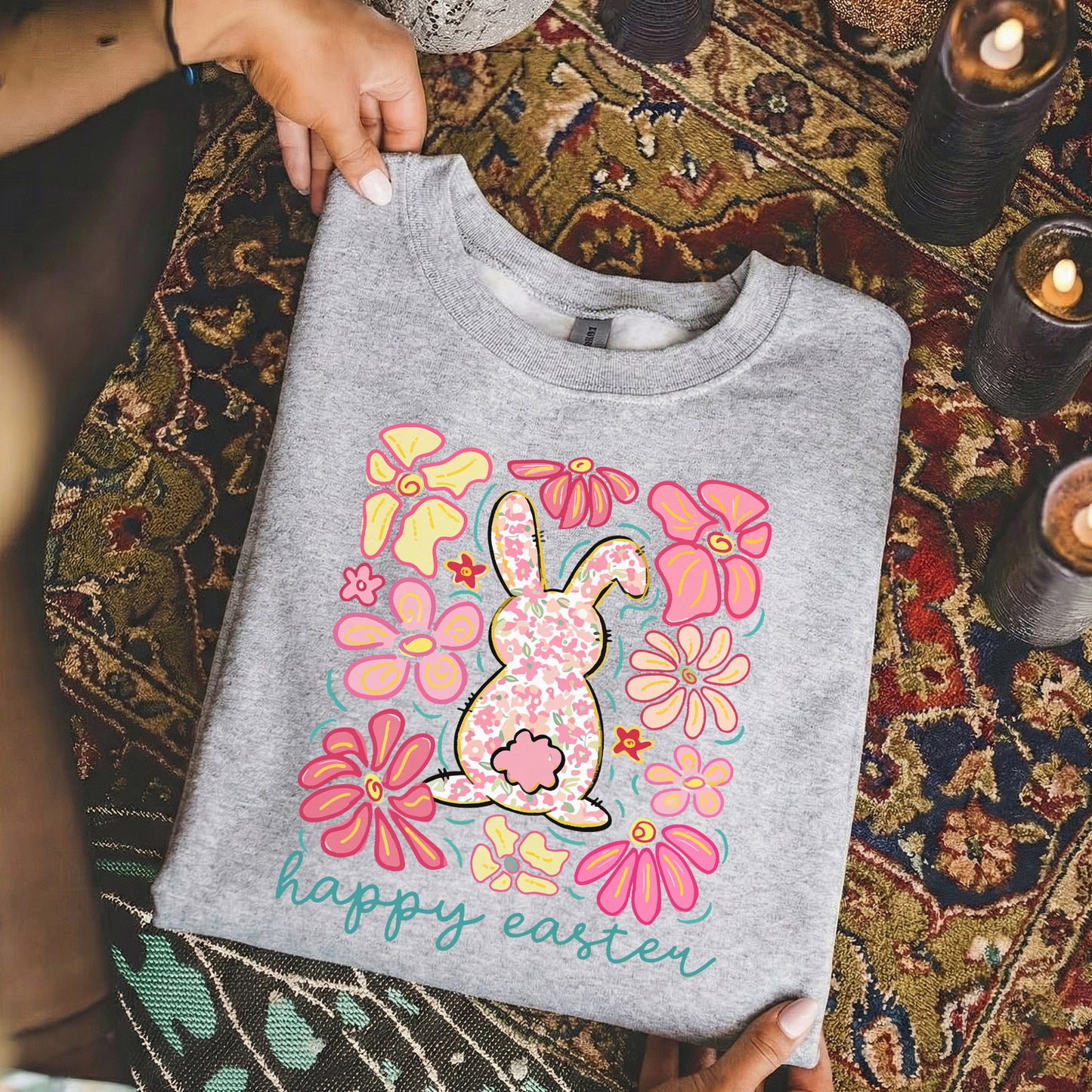 Happy Easter Bright Pink Floral Bunny – He is Risen – Unisex Tshirt / Hoodie / Sweatshirt