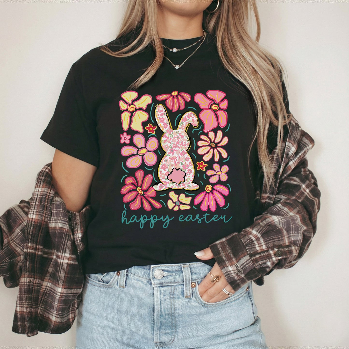Happy Easter Bright Pink Floral Bunny – He is Risen – Unisex Tshirt / Hoodie / Sweatshirt