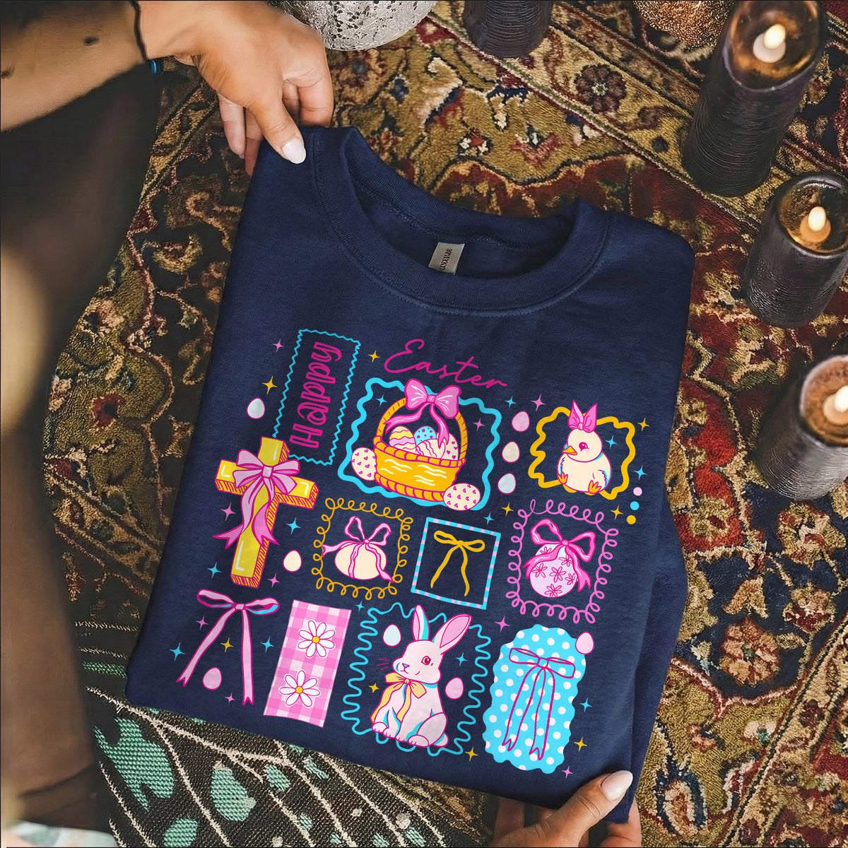 Happy Easter Retro Patchwork Grid – He is Risen – Unisex Tshirt / Hoodie / Sweatshirt