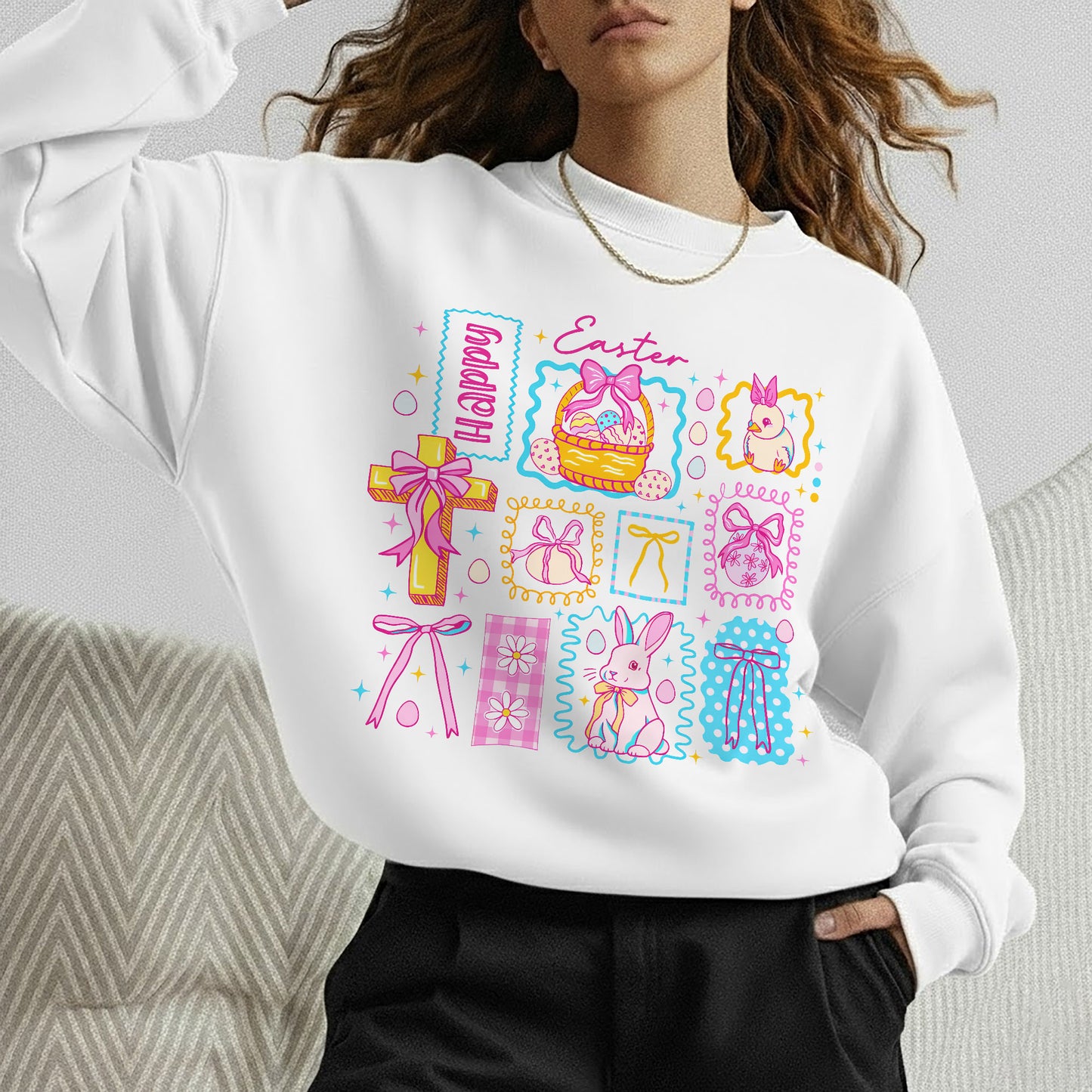 Happy Easter Retro Patchwork Grid – He is Risen – Unisex Tshirt / Hoodie / Sweatshirt