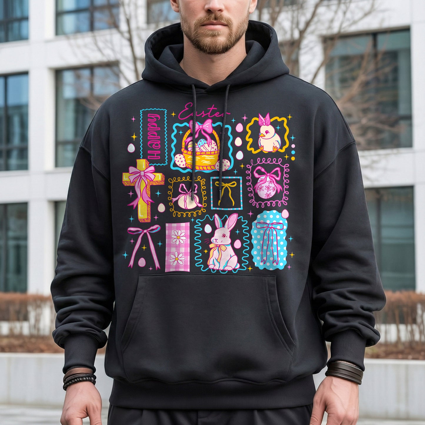 Happy Easter Retro Patchwork Grid – He is Risen – Unisex Tshirt / Hoodie / Sweatshirt