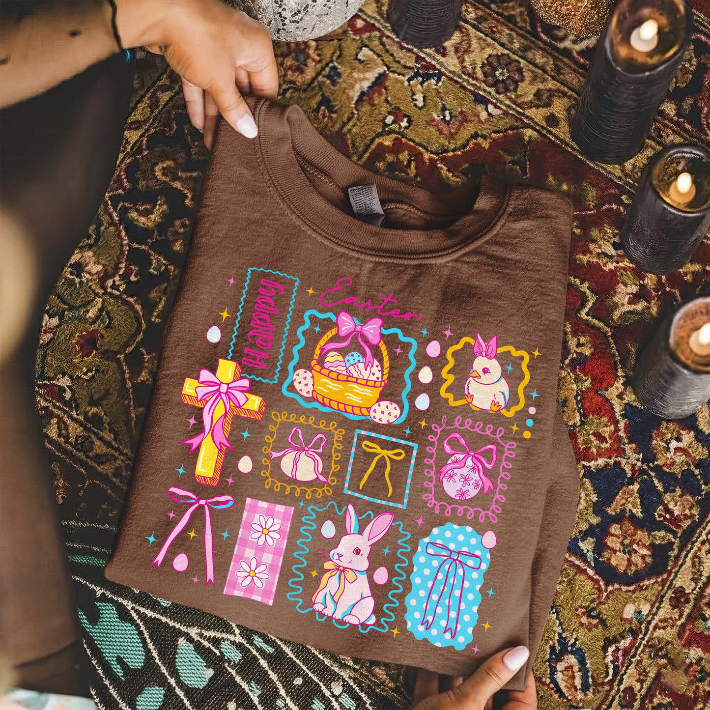 Happy Easter Retro Patchwork Grid – He is Risen – Unisex Tshirt / Hoodie / Sweatshirt