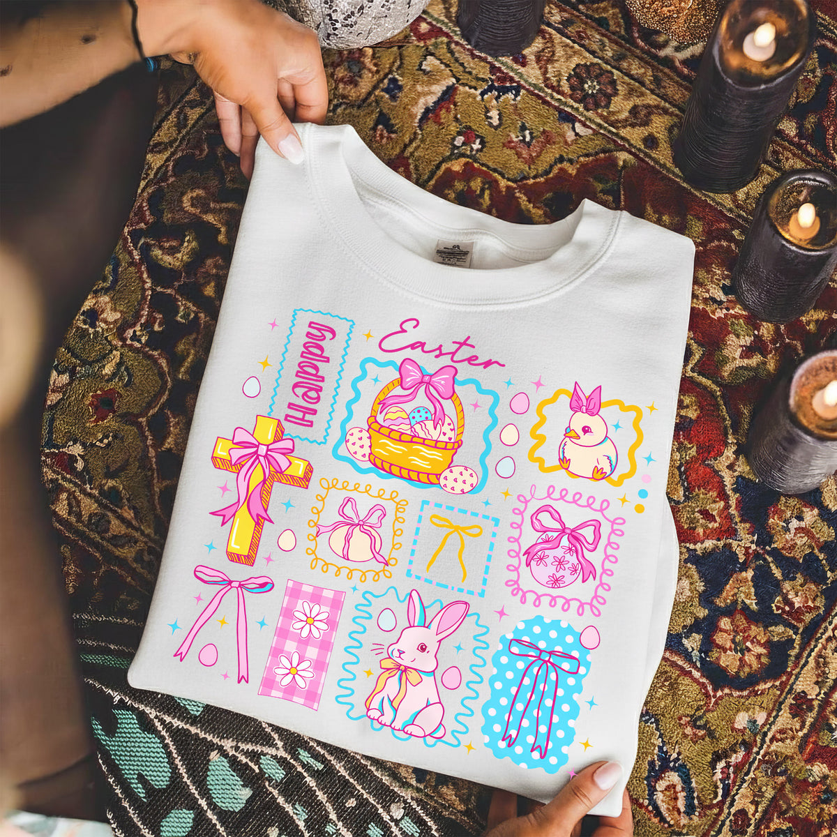 Happy Easter Retro Patchwork Grid – He is Risen – Unisex Tshirt / Hoodie / Sweatshirt