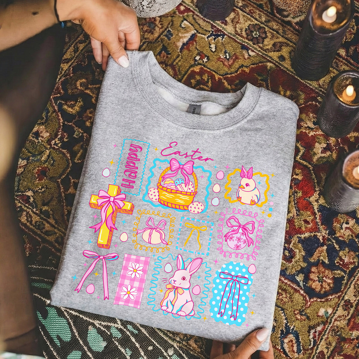 Happy Easter Retro Patchwork Grid – He is Risen – Unisex Tshirt / Hoodie / Sweatshirt