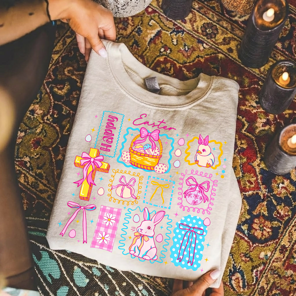 Happy Easter Retro Patchwork Grid – He is Risen – Unisex Tshirt / Hoodie / Sweatshirt