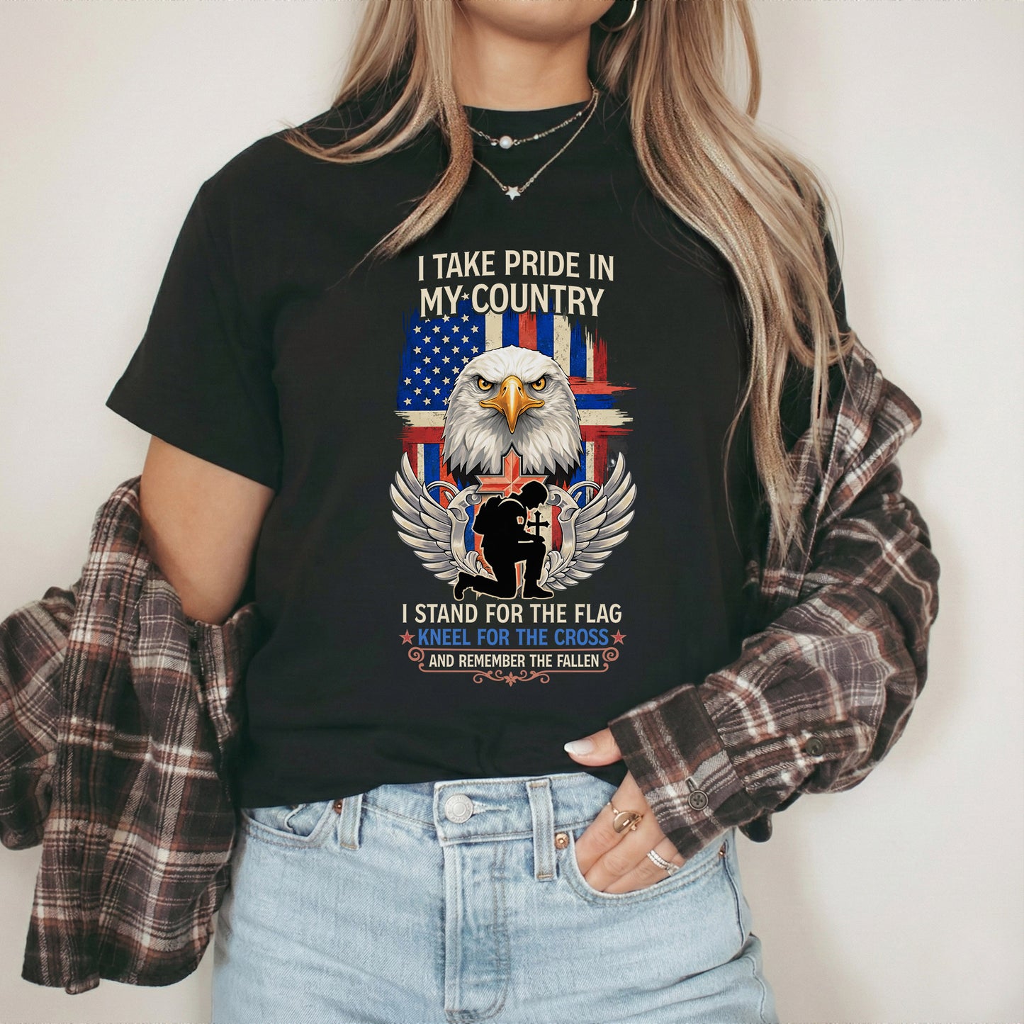Stand for the Flag Kneel for the Cross Remember the Fallen – Faith & Freedom – Unisex Tshirt Gildan / Tshirt Comfort / V-neck/ Hoodie / Sweatshirt