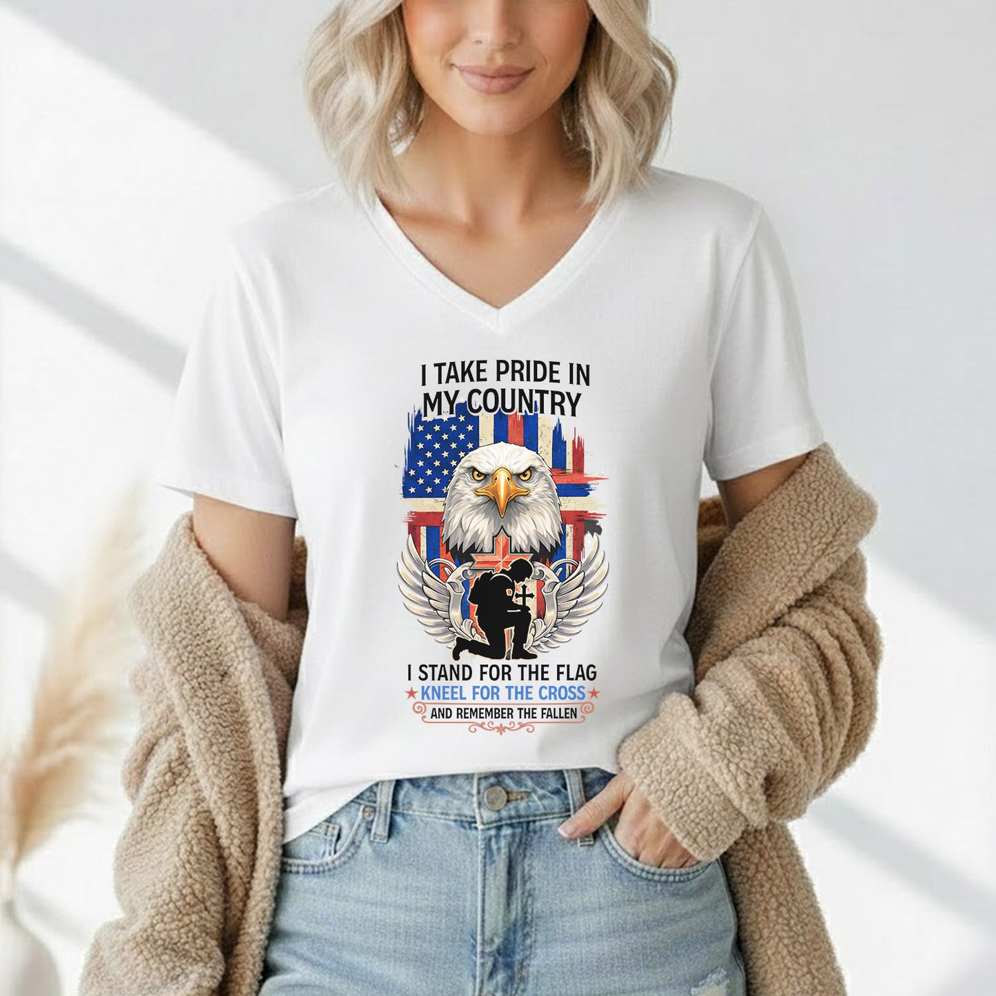 Stand for the Flag Kneel for the Cross Remember the Fallen – Faith & Freedom – Unisex Tshirt Gildan / Tshirt Comfort / V-neck/ Hoodie / Sweatshirt