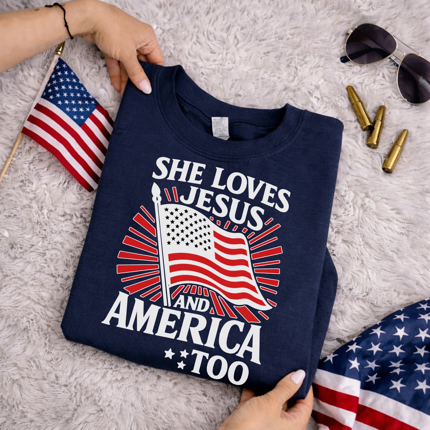 She Loves Jesus and America Too Patriotic – Faith & Freedom – Unisex Tshirt Gildan / Tshirt Comfort / V-neck/ Hoodie / Sweatshirt