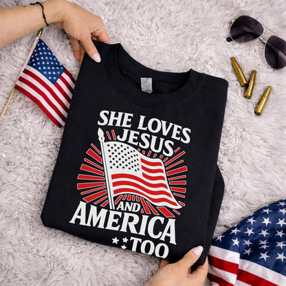She Loves Jesus and America Too Patriotic – Faith & Freedom – Unisex Tshirt Gildan / Tshirt Comfort / V-neck/ Hoodie / Sweatshirt