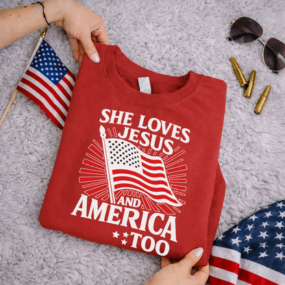 She Loves Jesus and America Too Patriotic – Faith & Freedom – Unisex Tshirt Gildan / Tshirt Comfort / V-neck/ Hoodie / Sweatshirt