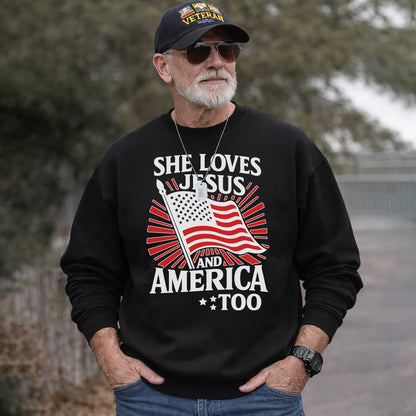 She Loves Jesus and America Too Patriotic – Faith & Freedom – Unisex Tshirt Gildan / Tshirt Comfort / V-neck/ Hoodie / Sweatshirt