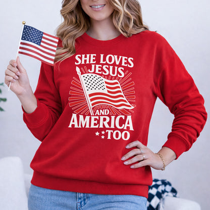 She Loves Jesus and America Too Patriotic – Faith & Freedom – Unisex Tshirt Gildan / Tshirt Comfort / V-neck/ Hoodie / Sweatshirt