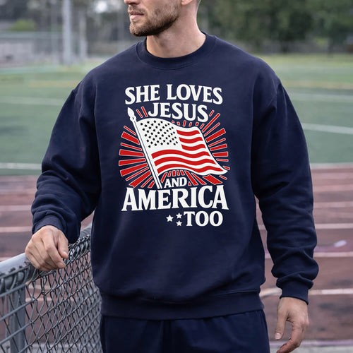 She Loves Jesus and America Too Patriotic – Faith & Freedom – Unisex Tshirt Gildan / Tshirt Comfort / V-neck/ Hoodie / Sweatshirt