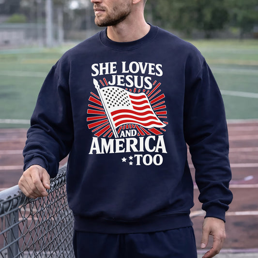 She Loves Jesus and America Too Patriotic – Faith & Freedom – Unisex Tshirt Gildan / Tshirt Comfort / V-neck/ Hoodie / Sweatshirt