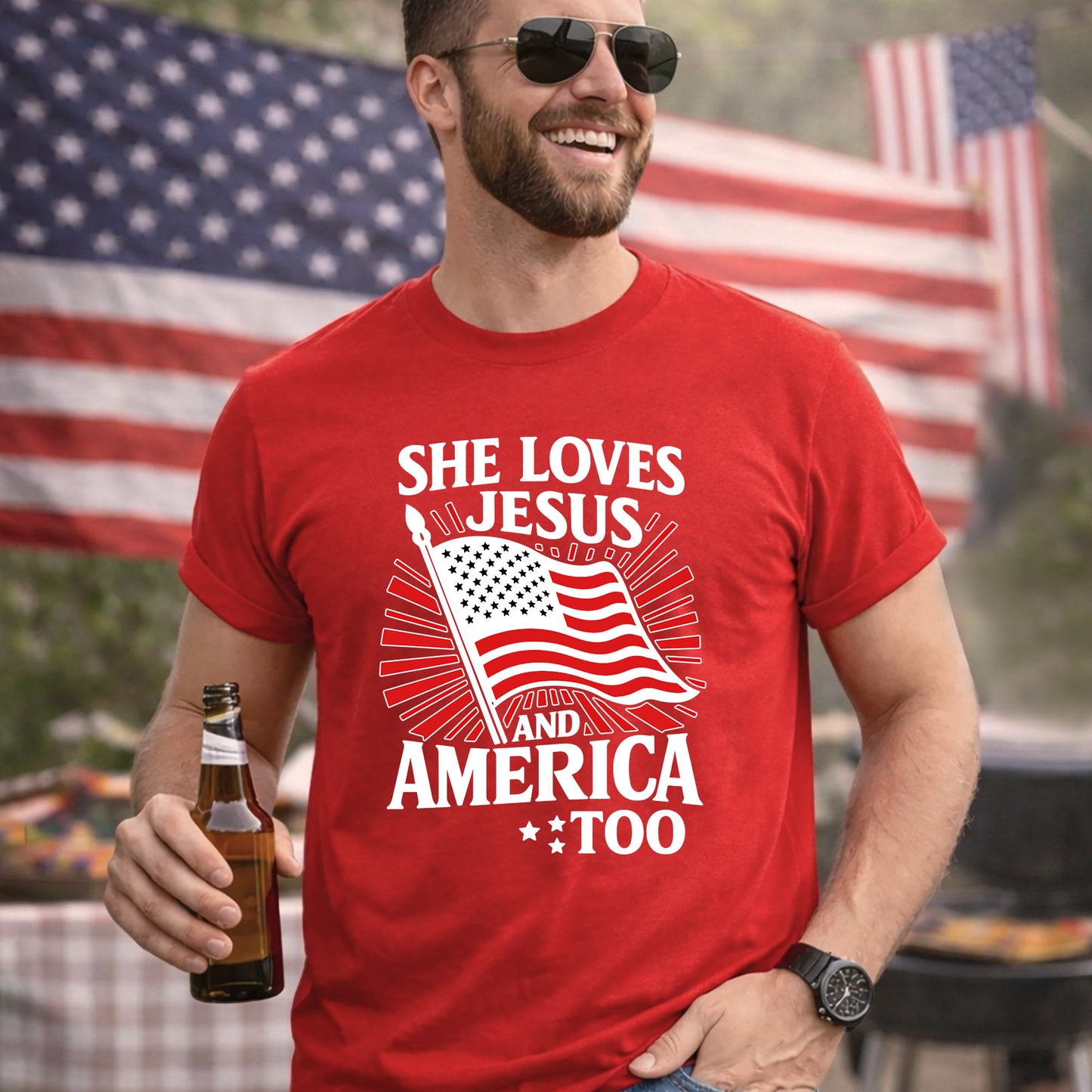 She Loves Jesus and America Too Patriotic – Faith & Freedom – Unisex Tshirt Gildan / Tshirt Comfort / V-neck/ Hoodie / Sweatshirt