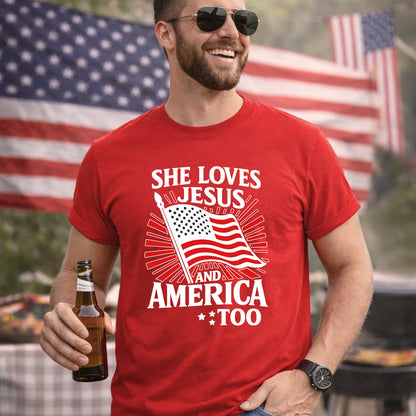 She Loves Jesus and America Too Patriotic – Faith & Freedom – Unisex Tshirt Gildan / Tshirt Comfort / V-neck/ Hoodie / Sweatshirt