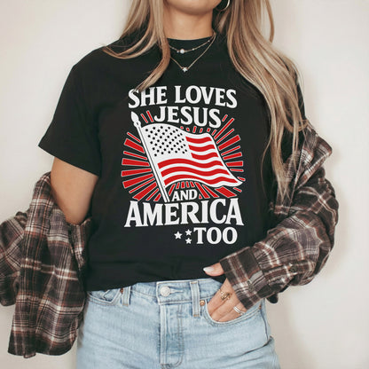 She Loves Jesus and America Too Patriotic – Faith & Freedom – Unisex Tshirt Gildan / Tshirt Comfort / V-neck/ Hoodie / Sweatshirt