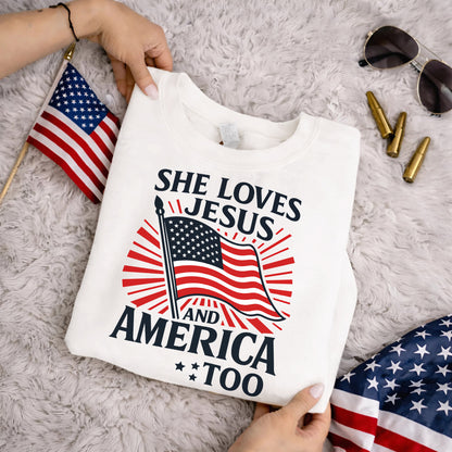 She Loves Jesus and America Too Patriotic – Faith & Freedom – Unisex Tshirt Gildan / Tshirt Comfort / V-neck/ Hoodie / Sweatshirt