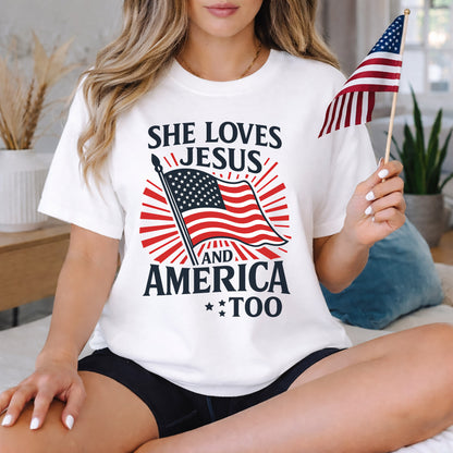 She Loves Jesus and America Too Patriotic – Faith & Freedom – Unisex Tshirt Gildan / Tshirt Comfort / V-neck/ Hoodie / Sweatshirt