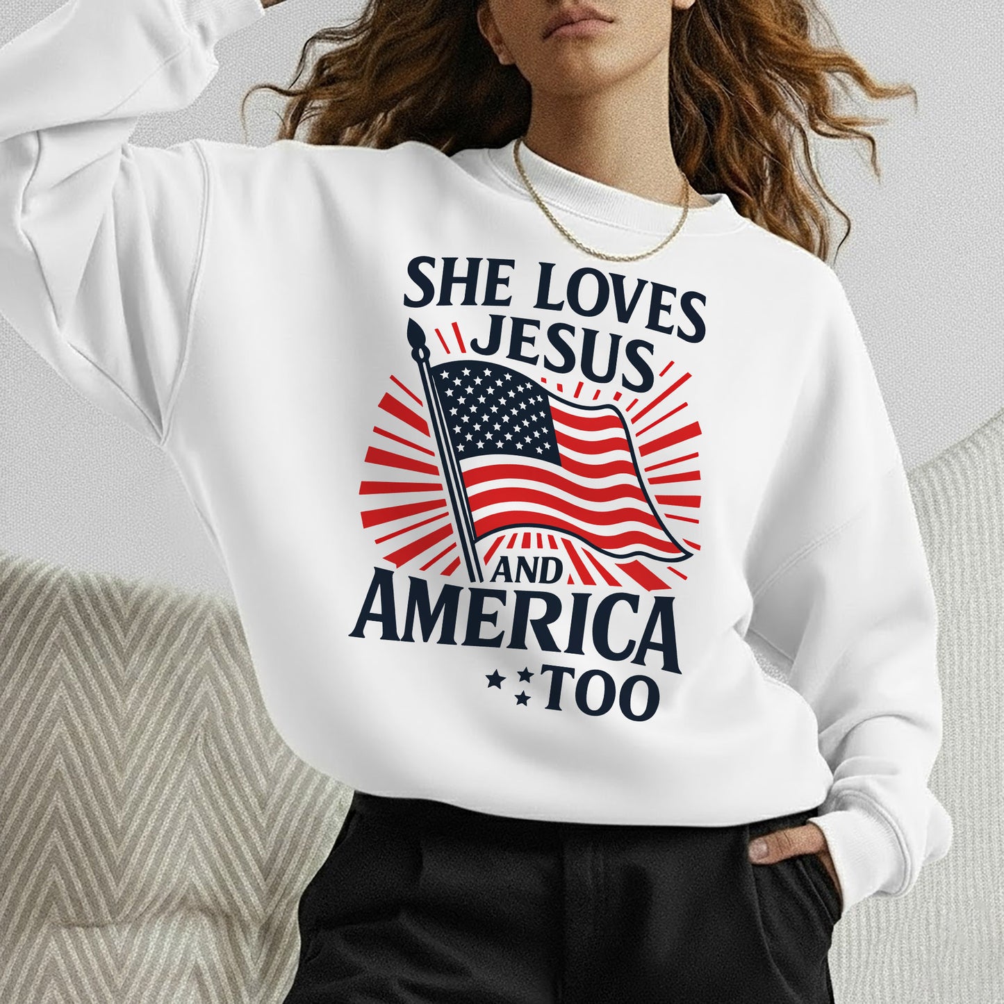 She Loves Jesus and America Too Patriotic – Faith & Freedom – Unisex Tshirt Gildan / Tshirt Comfort / V-neck/ Hoodie / Sweatshirt