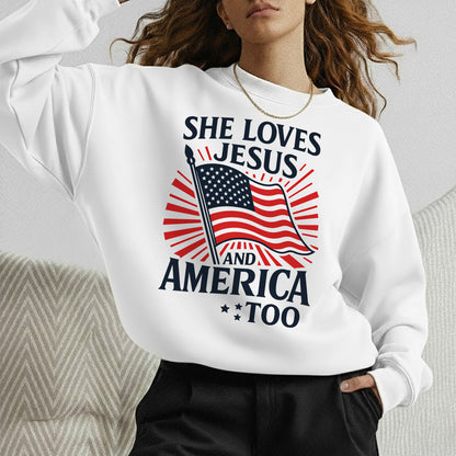 She Loves Jesus and America Too Patriotic – Faith & Freedom – Unisex Tshirt Gildan / Tshirt Comfort / V-neck/ Hoodie / Sweatshirt