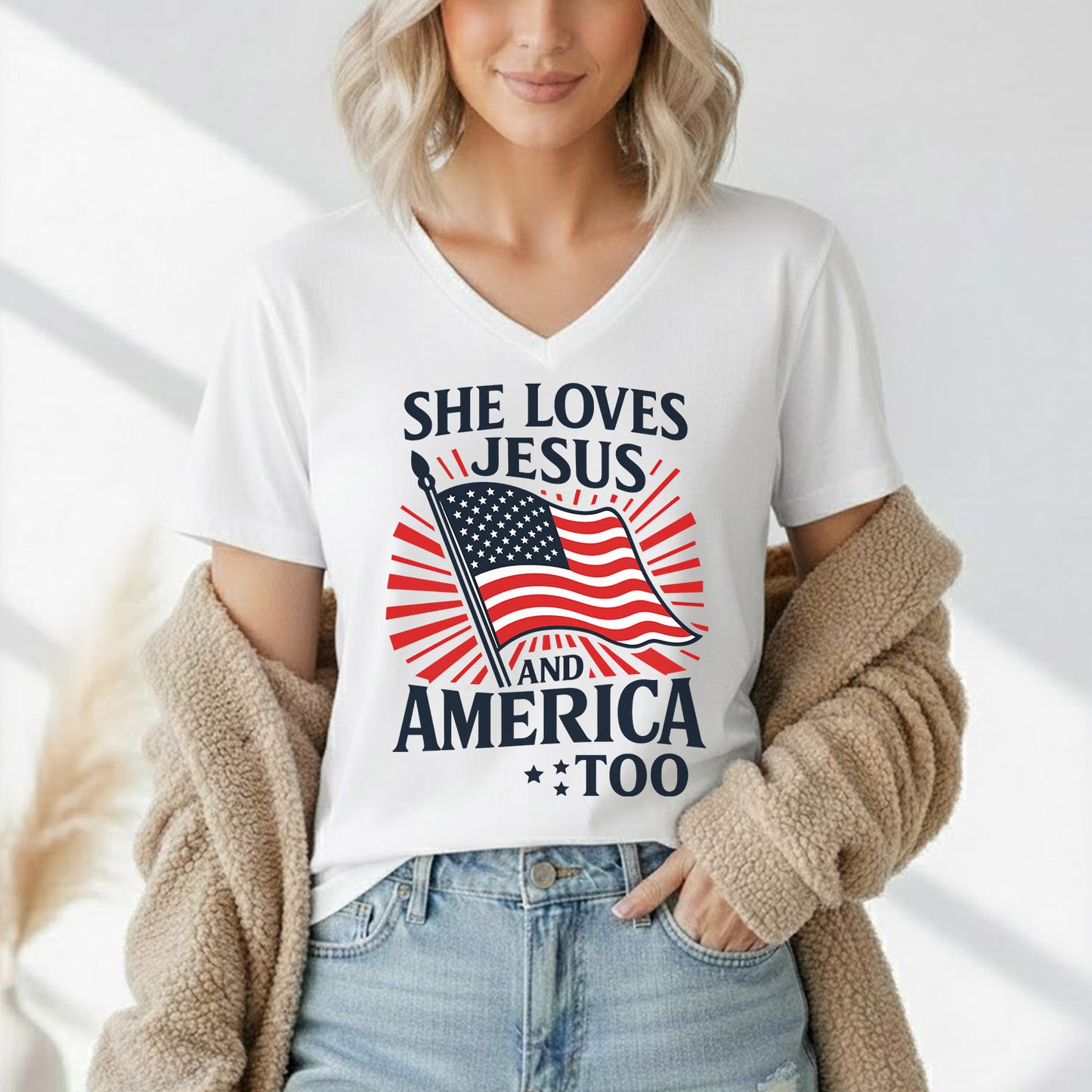 She Loves Jesus and America Too Patriotic – Faith & Freedom – Unisex Tshirt Gildan / Tshirt Comfort / V-neck/ Hoodie / Sweatshirt