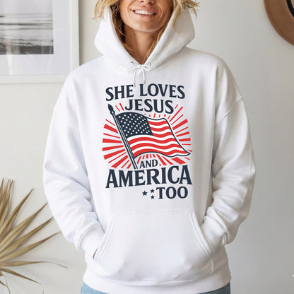 She Loves Jesus and America Too Patriotic – Faith & Freedom – Unisex Tshirt Gildan / Tshirt Comfort / V-neck/ Hoodie / Sweatshirt