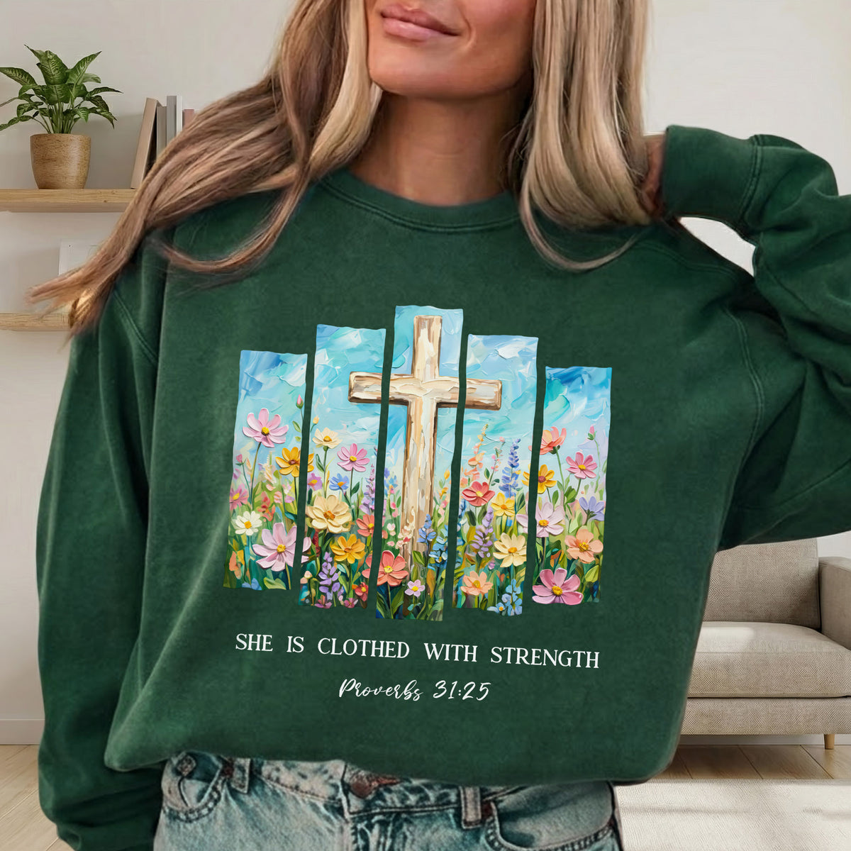 She Is Clothed With Strength Floral Cross Christian – Unisex Tshirt / Hoodie / Sweatshirt