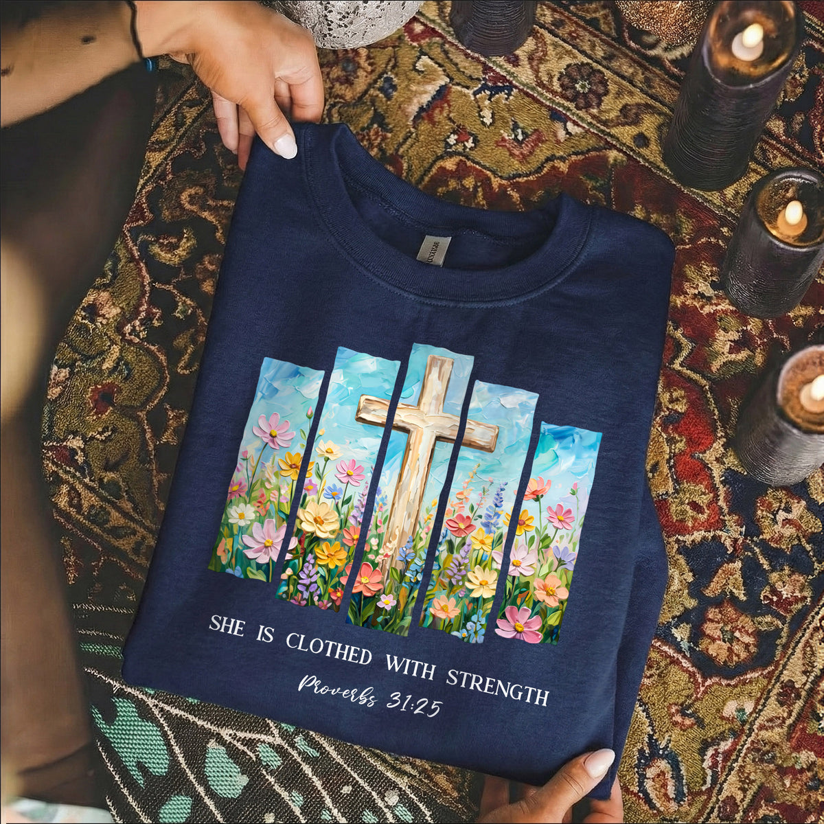 She Is Clothed With Strength Floral Cross Christian – Unisex Tshirt / Hoodie / Sweatshirt