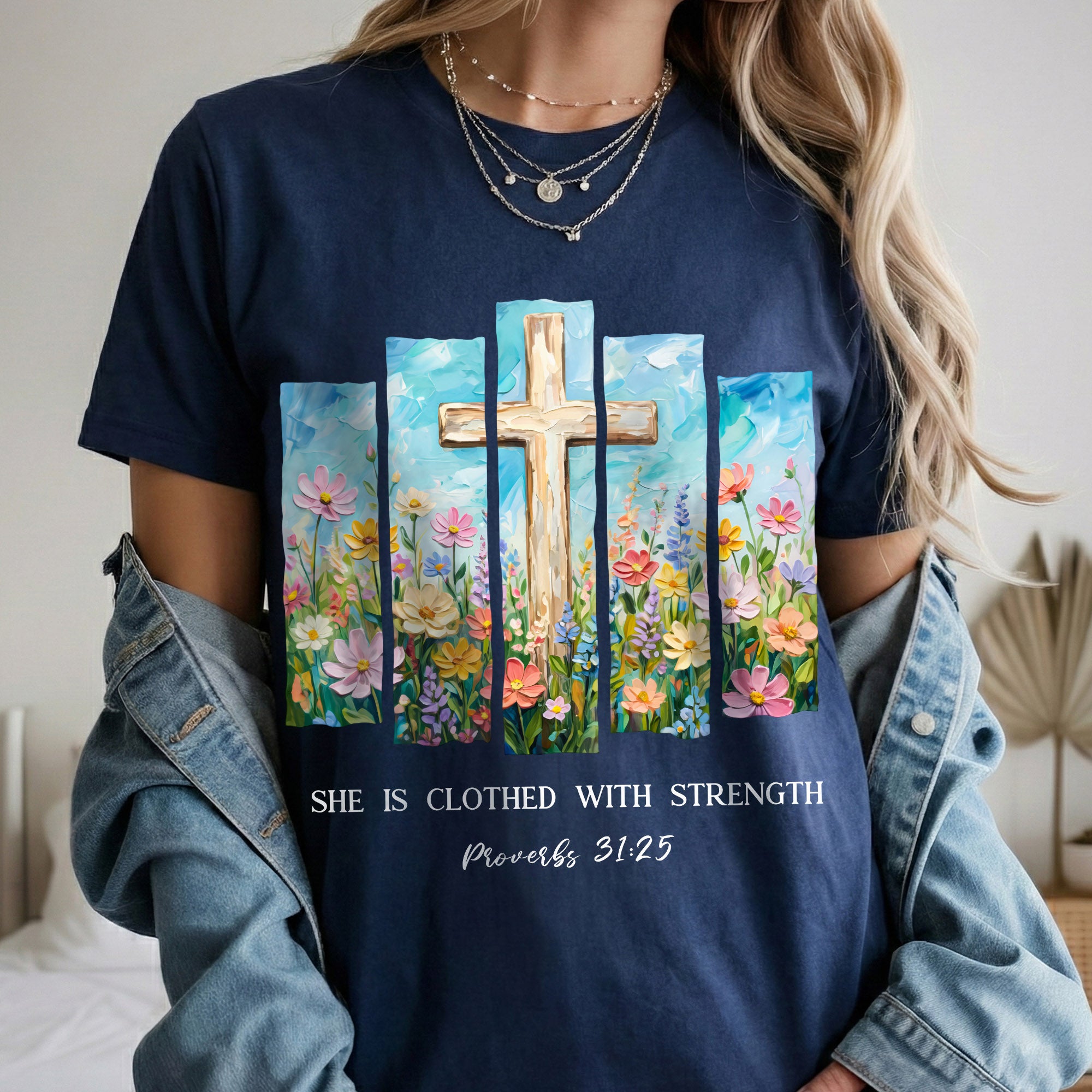 She Is Clothed With Strength Floral Cross Christian – Unisex Tshirt / Hoodie / Sweatshirt
