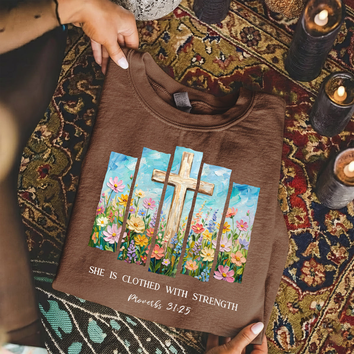 She Is Clothed With Strength Floral Cross Christian – Unisex Tshirt / Hoodie / Sweatshirt