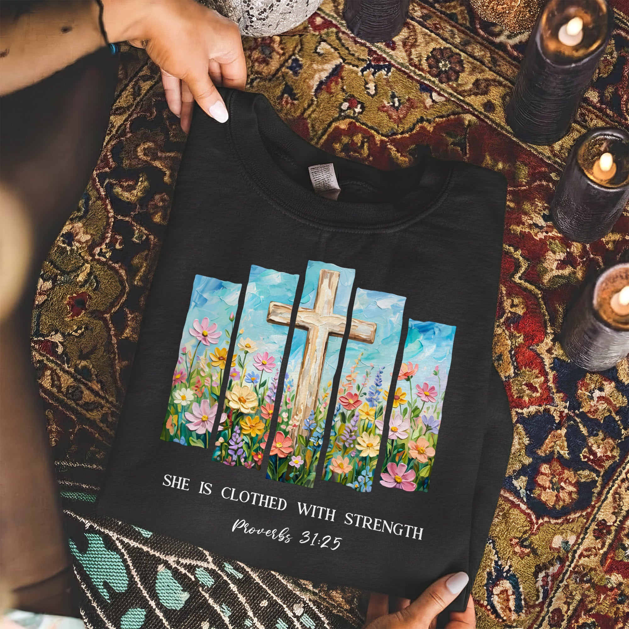 She Is Clothed With Strength Floral Cross Christian – Unisex Tshirt / Hoodie / Sweatshirt