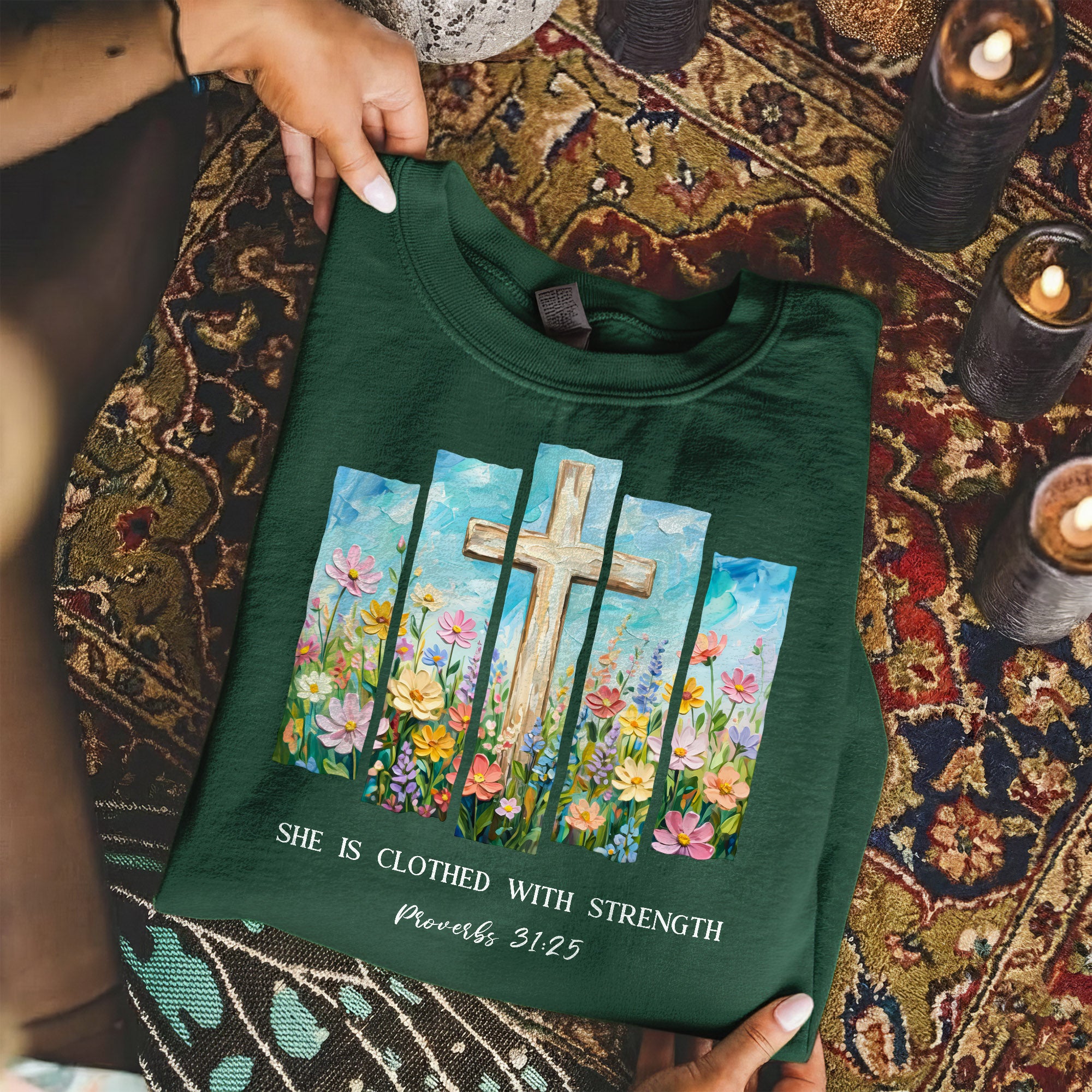 She Is Clothed With Strength Floral Cross Christian – Unisex Tshirt / Hoodie / Sweatshirt