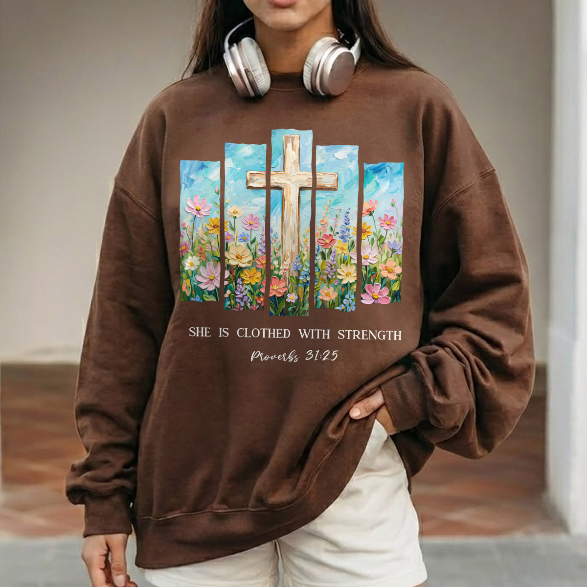 She Is Clothed With Strength Floral Cross Christian – Unisex Tshirt / Hoodie / Sweatshirt