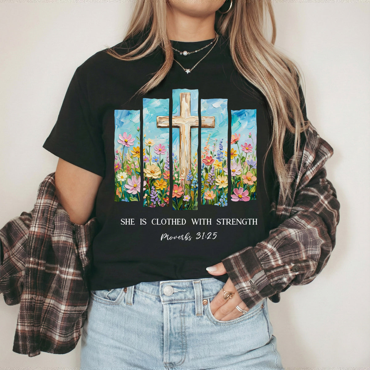 She Is Clothed With Strength Floral Cross Christian – Unisex Tshirt / Hoodie / Sweatshirt