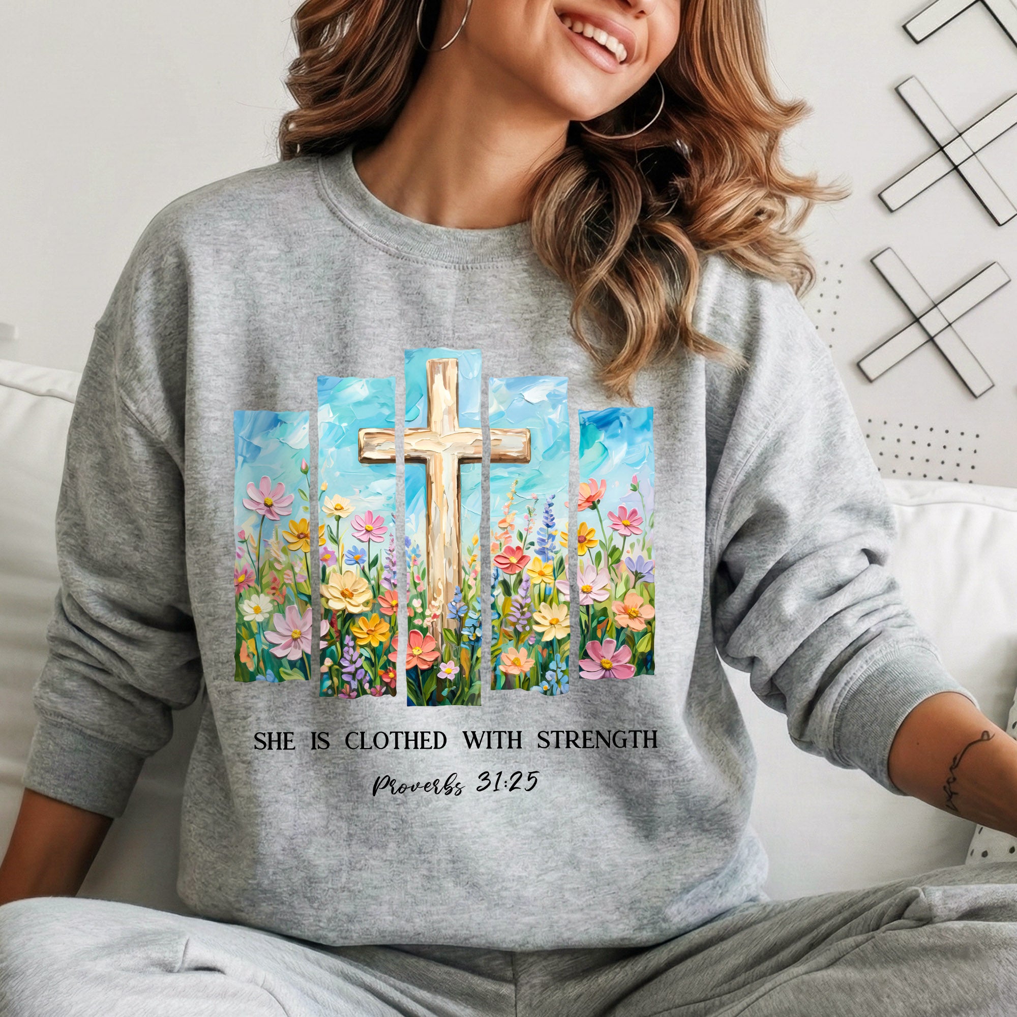 She Is Clothed With Strength Floral Cross Christian – Unisex Tshirt / Hoodie / Sweatshirt