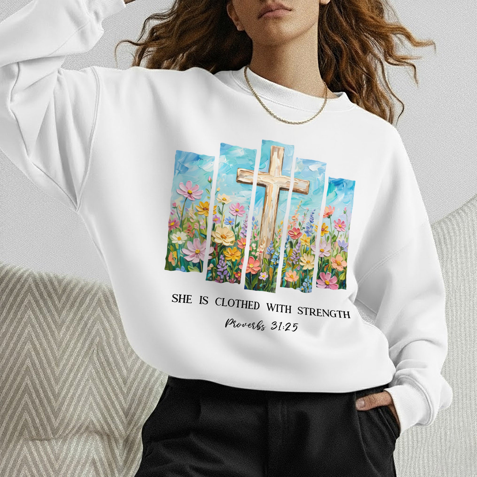 She Is Clothed With Strength Floral Cross Christian – Unisex Tshirt / Hoodie / Sweatshirt
