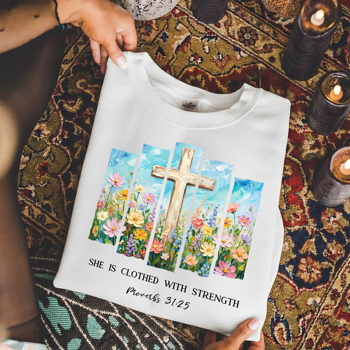 She Is Clothed With Strength Floral Cross Christian – Unisex Tshirt / Hoodie / Sweatshirt