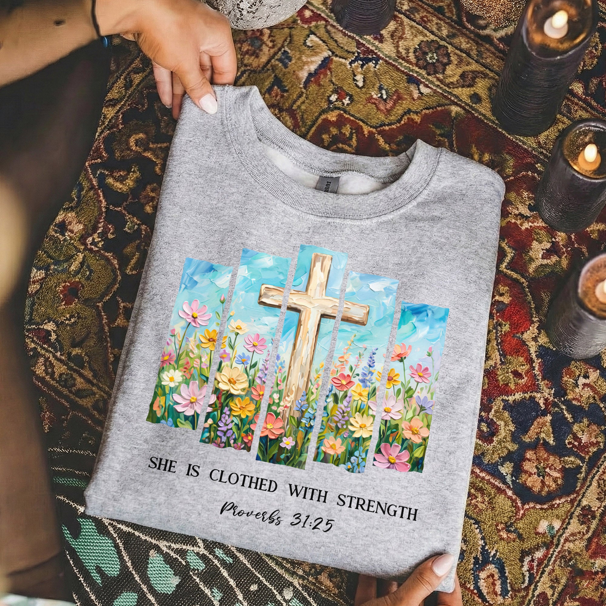 She Is Clothed With Strength Floral Cross Christian – Unisex Tshirt / Hoodie / Sweatshirt