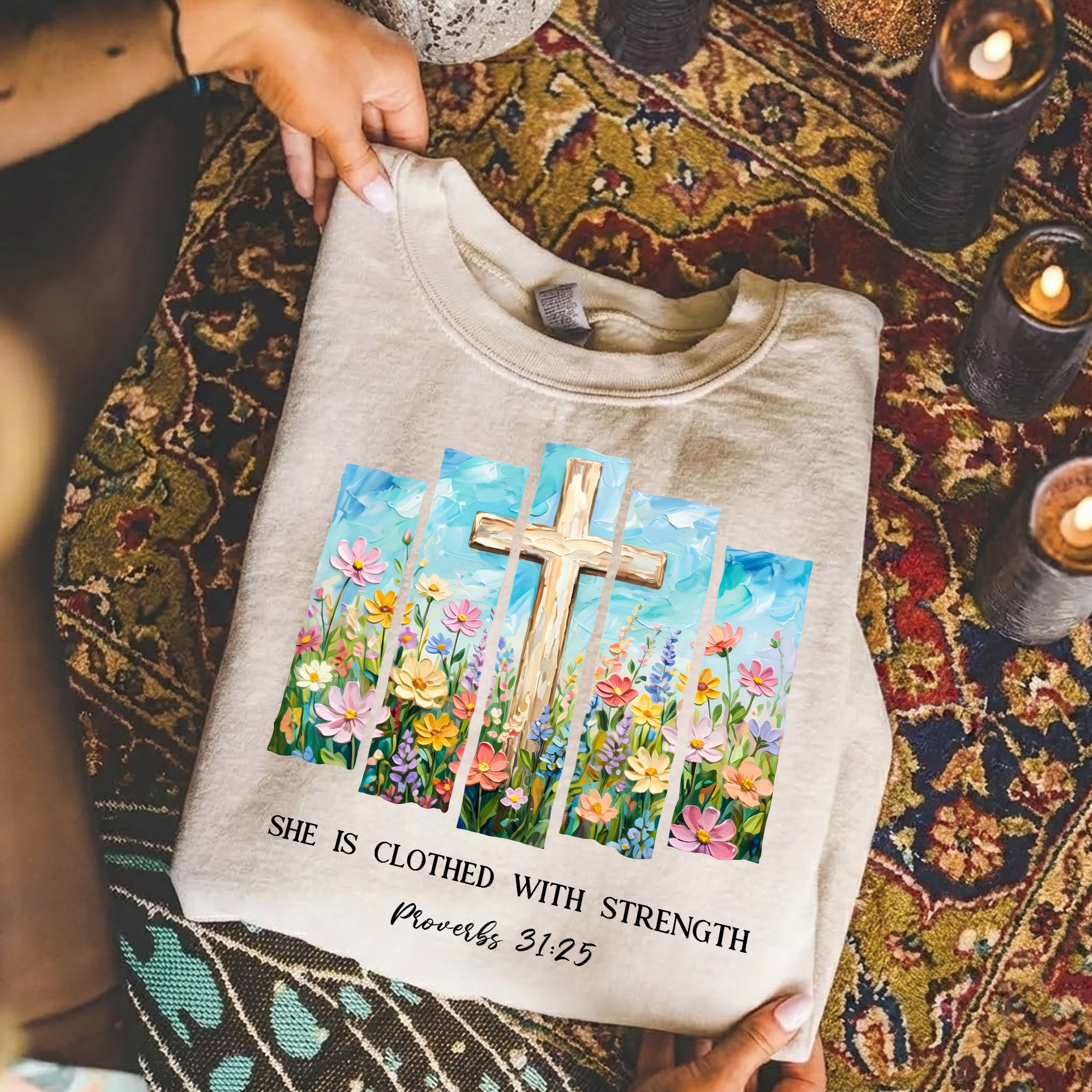 She Is Clothed With Strength Floral Cross Christian – Unisex Tshirt / Hoodie / Sweatshirt