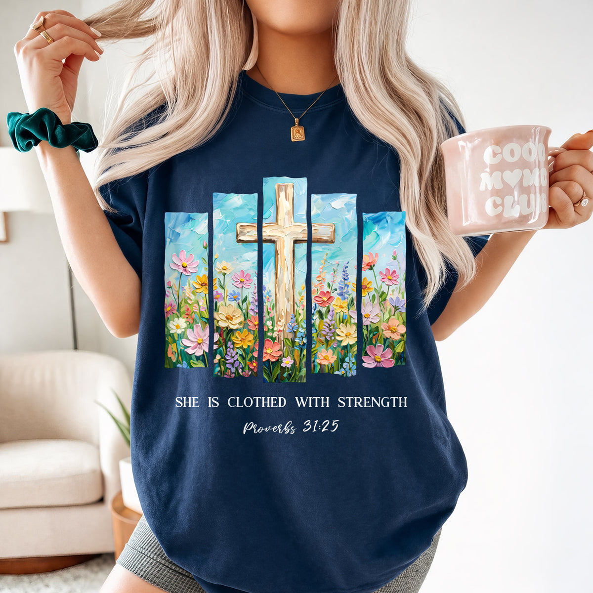 She Is Clothed With Strength Floral Cross Christian – Unisex Tshirt / Hoodie / Sweatshirt