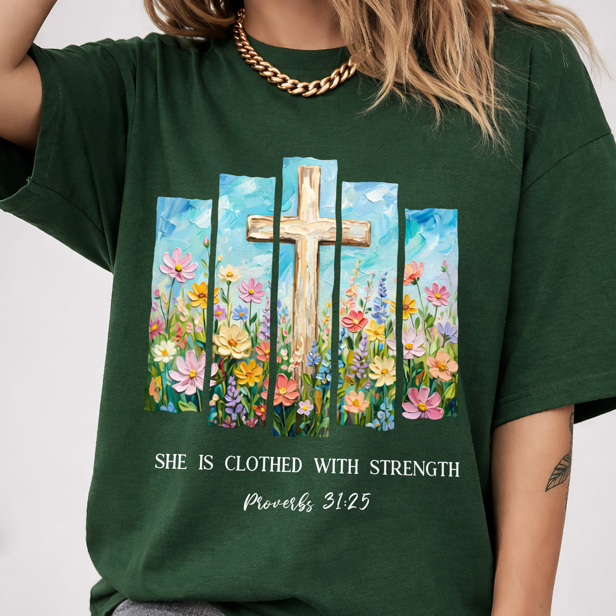 She Is Clothed With Strength Floral Cross Christian – Unisex Tshirt / Hoodie / Sweatshirt